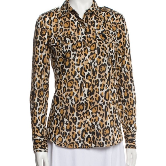 Tory Burch Leopard Print Long Sleeve Button Front Gold Buttons Sz 2 MobWife - Picture 1 of 15